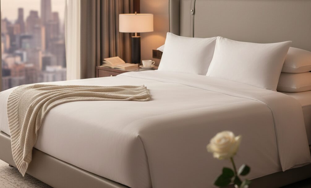 サウナ後の深い眠りを誘う、ホテルの清潔で上質なベッドメイキング。窓の外には都会の景色。