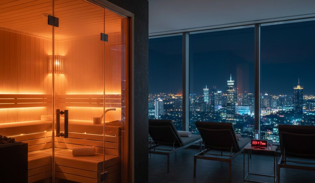 ホテルの客室に完備されたプライベートサウナ。都会の夜景を眺めながらととのう贅沢な空間。