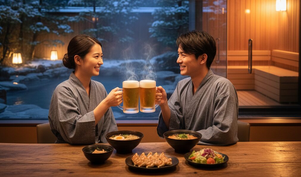 サウナ後に楽しむボリューム満点のサ飯（サウナ飯）と休憩スペースのイメージ