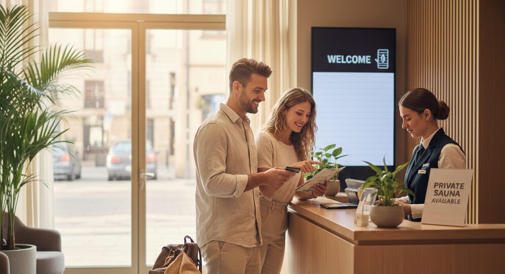 高級ホテルのフロントでのチェックイン。サウナ旅の始まりを予感させる落ち着いたロビー。