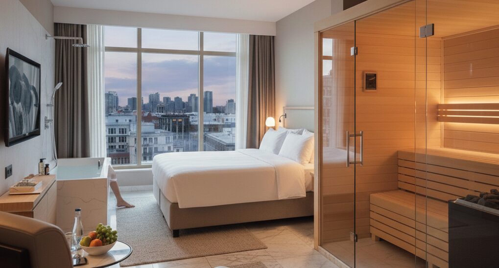 サウナ・水風呂・ベッドが直結した究極の動線。セルフロウリュ可能な客室サウナ付きスイートルーム。