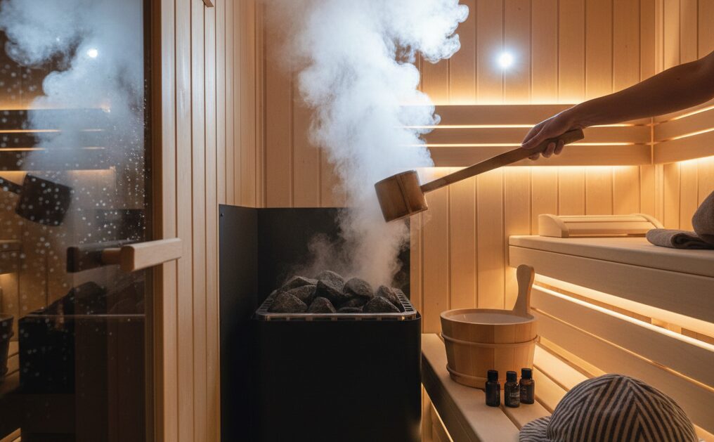 サウナストーンに水をかけるセルフロウリュの様子。立ち昇る蒸気とアロマでサウナの質を高める体験。