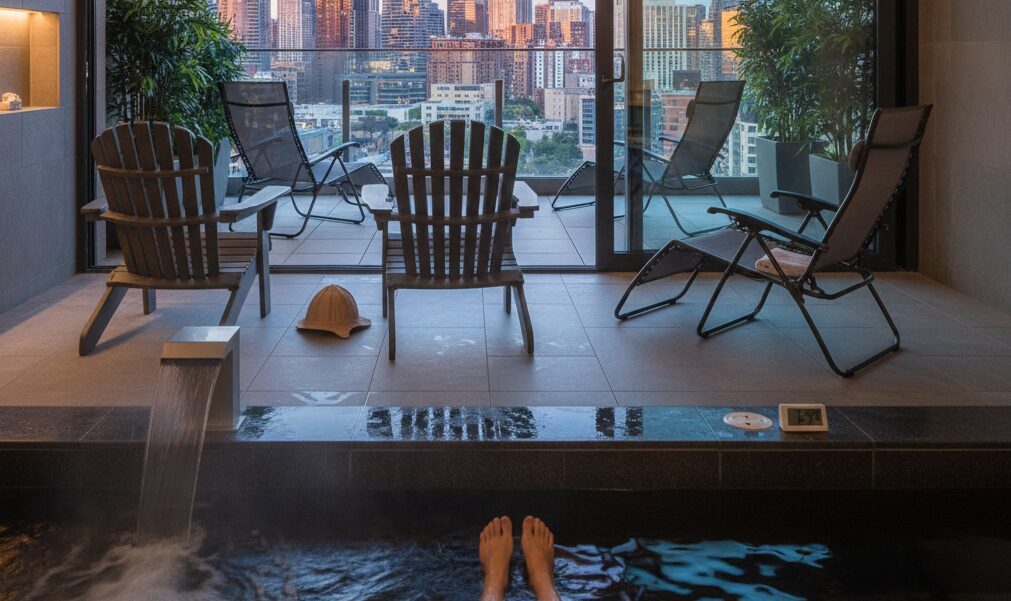 チラー完備で14度に冷えた水風呂と、都会の景色を望むテラスでの外気浴動線。